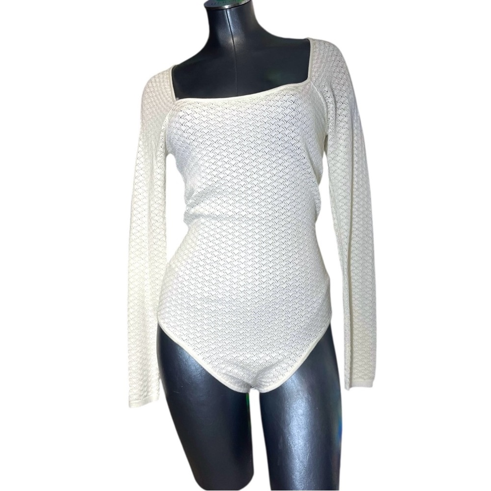 Abercrombie & Fitch Ivory White Long Sleeve Bodysuit Leotard Woven Boatneck
